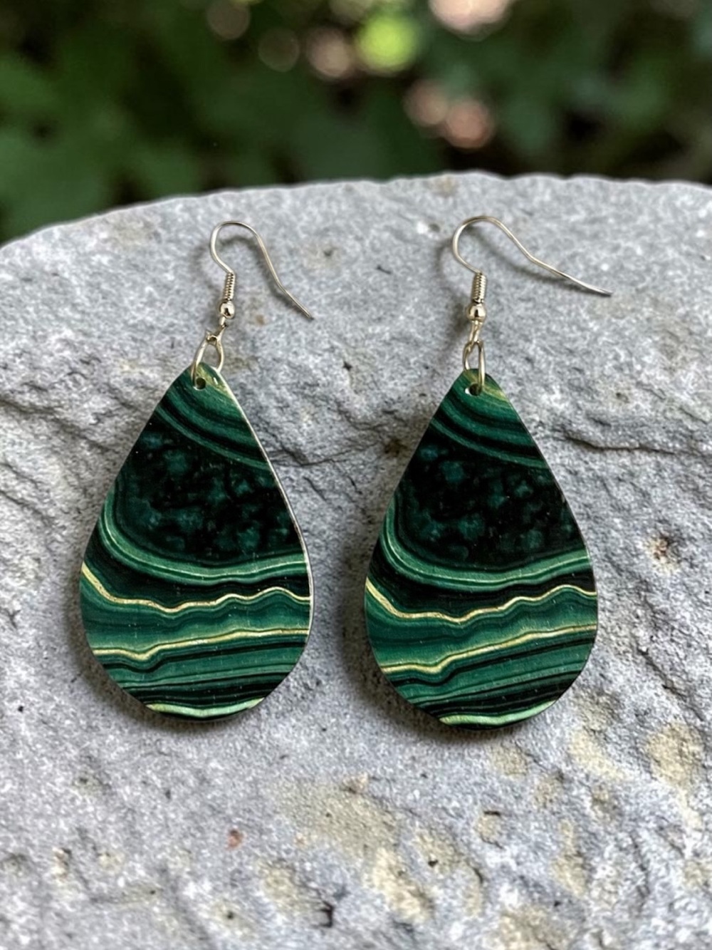 Wooden Teardrop Green Dangle Earrings